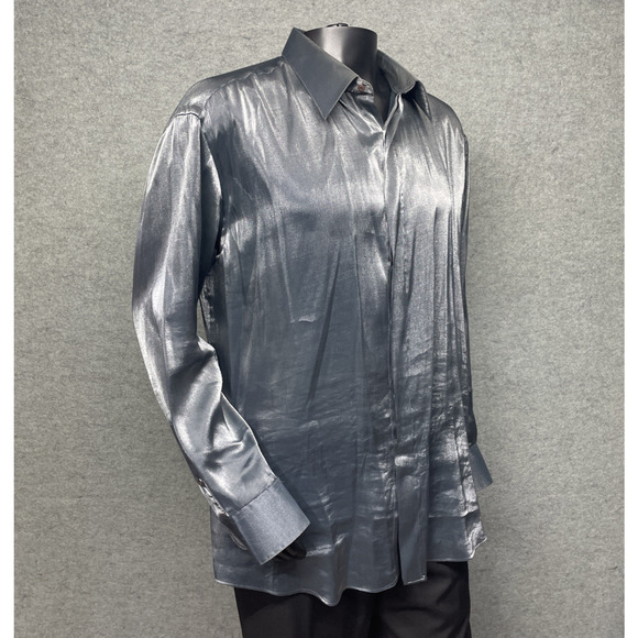 Vtg Diamante Couture Collection Men 2XL 18 34/35 Dress Shirt GRAY Metallic Shiny - Picture 4 of 10